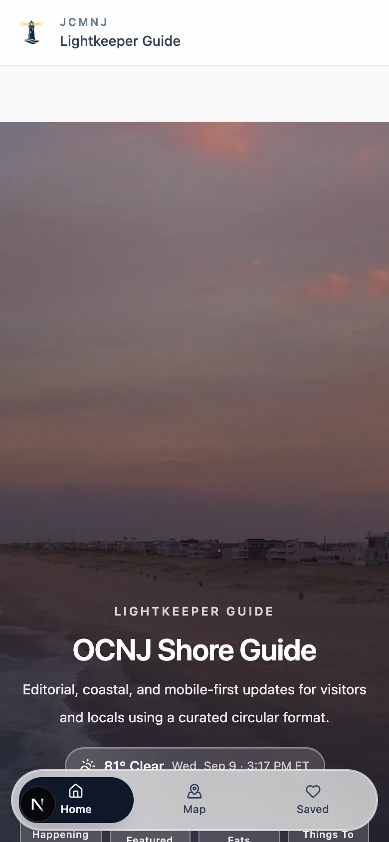 OCNJ Shore Guide mobile opening screen