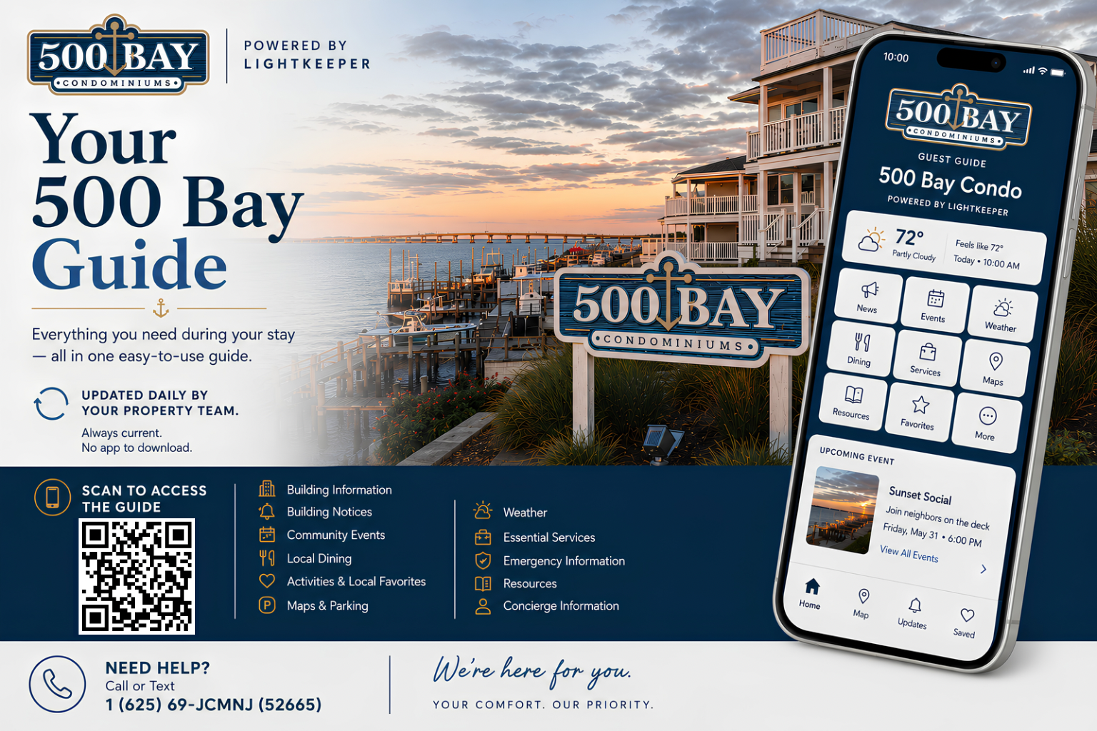 500 Bay guide overview with building information, local resources, and mobile guide preview