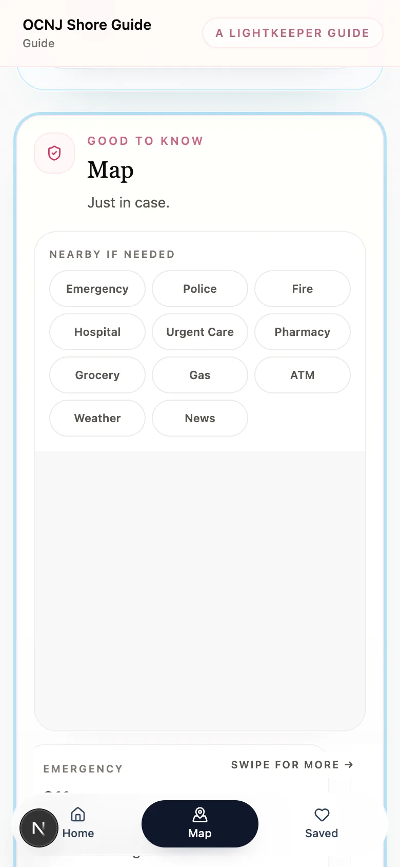OCNJ Shore Guide public map and essential services screen